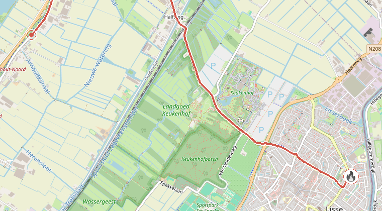 Kaart van de omgeving van de melding, met de kazerne die is gealarmeerd