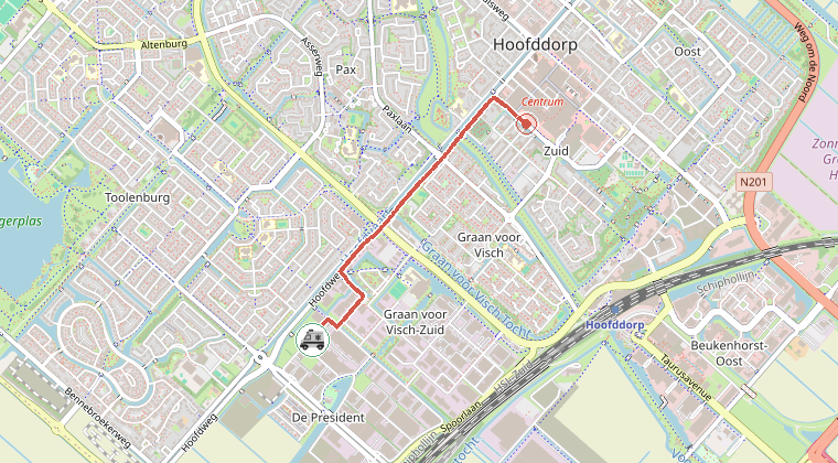 Kaart van de omgeving van de melding, met de kazerne die is gealarmeerd