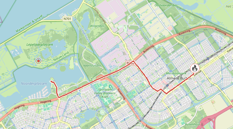 Kaart van de omgeving van de melding, met de kazerne die is gealarmeerd