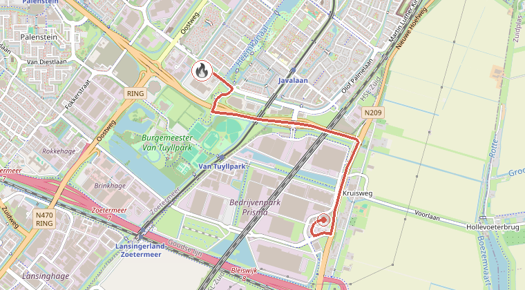 Kaart van de omgeving van de melding, met de kazerne die is gealarmeerd