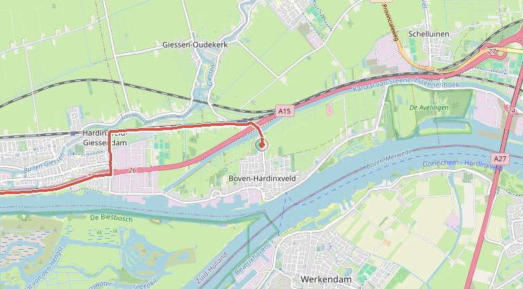 Kaart van de omgeving van de melding, met de kazerne die is gealarmeerd