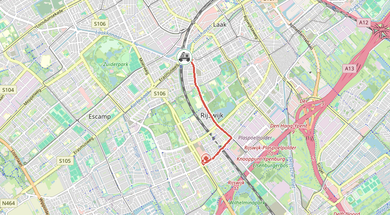 Kaart van de omgeving van de melding, met de kazerne die is gealarmeerd