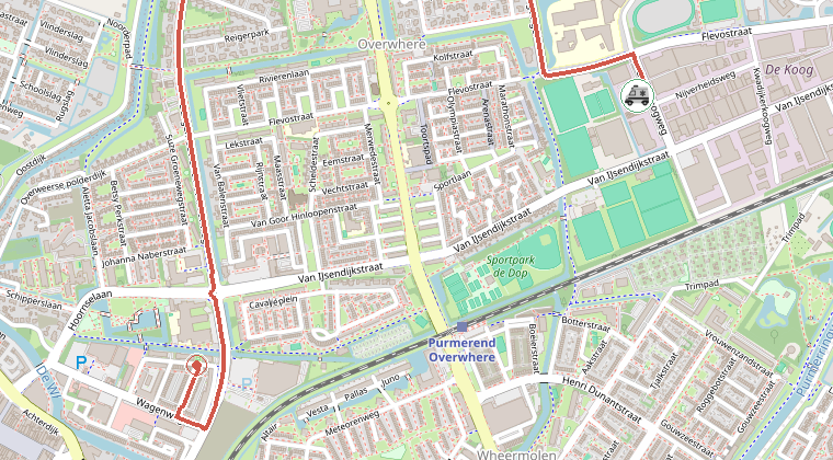 Kaart van de omgeving van de melding, met de kazerne die is gealarmeerd