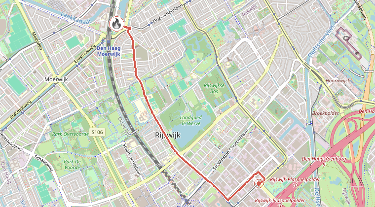 Kaart van de omgeving van de melding, met de kazerne die is gealarmeerd