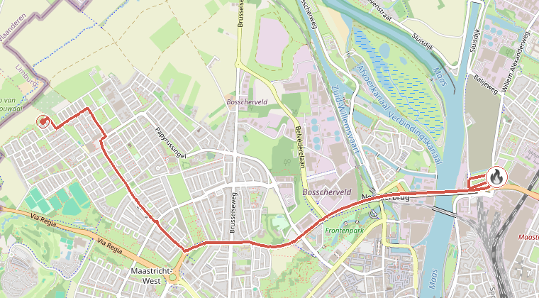 Kaart van de omgeving van de melding, met de kazerne die is gealarmeerd