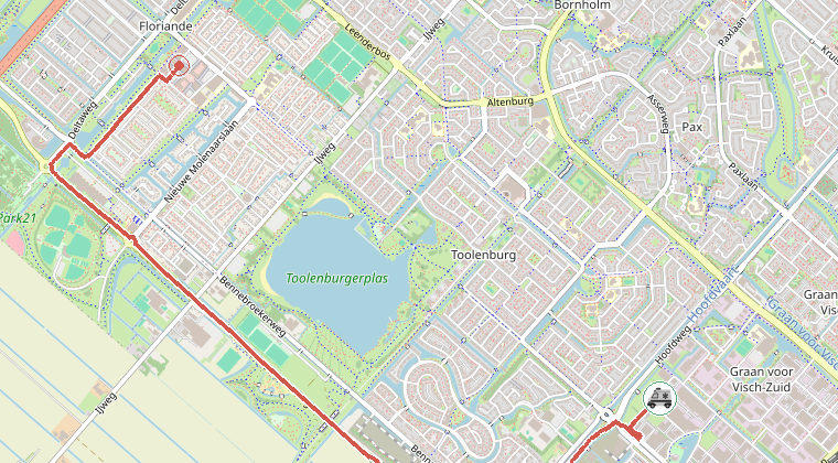 Kaart van de omgeving van de melding, met de kazerne die is gealarmeerd