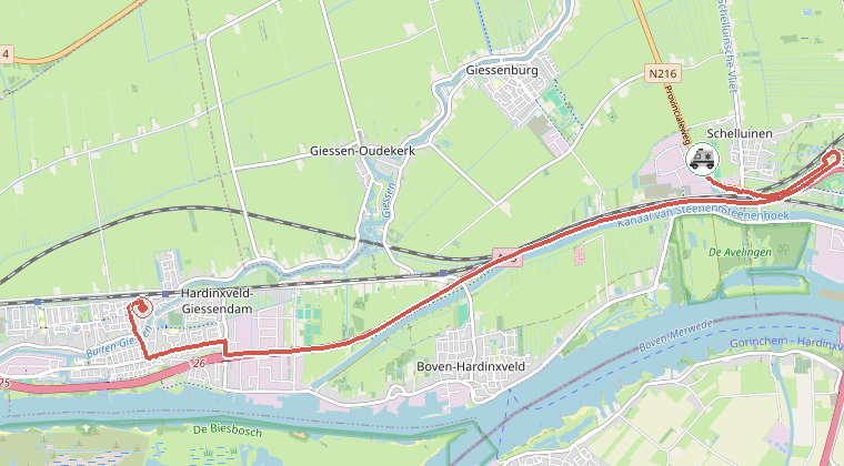 Kaart van de omgeving van de melding, met de kazerne die is gealarmeerd