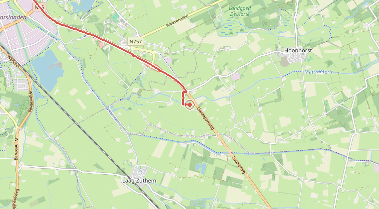 Kaart van de omgeving van de melding, met de kazerne die is gealarmeerd