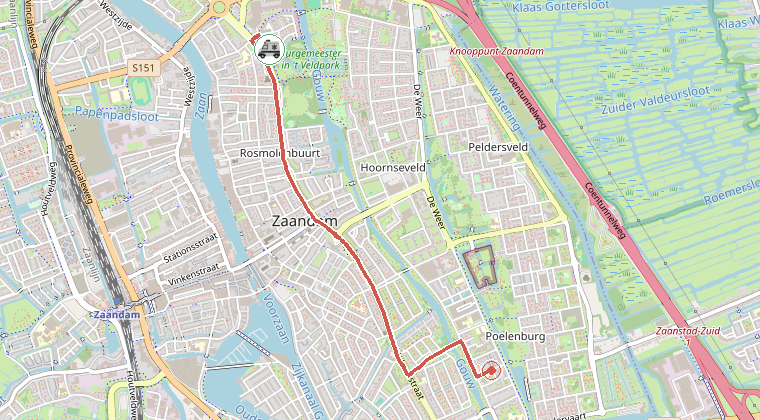 Kaart van de omgeving van de melding, met de kazerne die is gealarmeerd