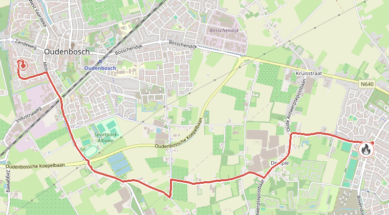 Kaart van de omgeving van de melding, met de kazerne die is gealarmeerd