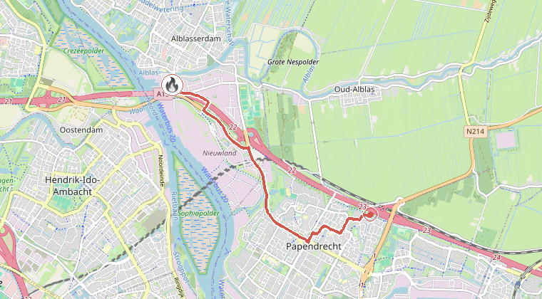 Kaart van de omgeving van de melding, met de kazerne die is gealarmeerd