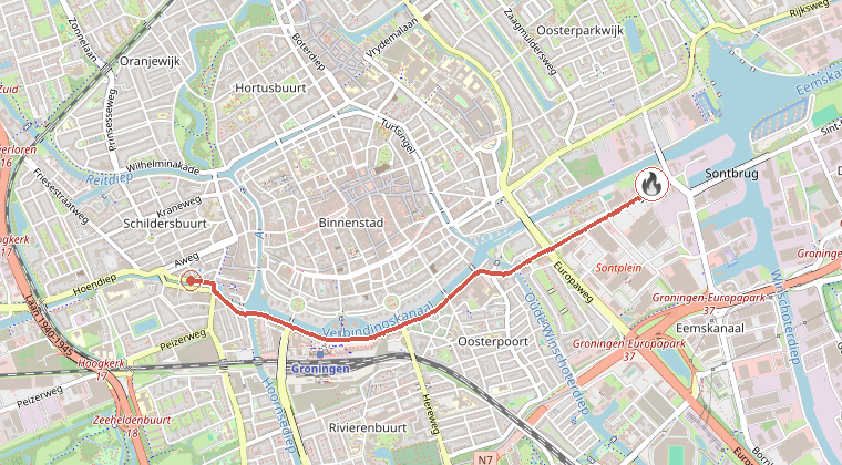 Kaart van de omgeving van de melding, met de kazerne die is gealarmeerd