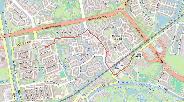 Kaart van de omgeving van de melding, met de kazerne die is gealarmeerd