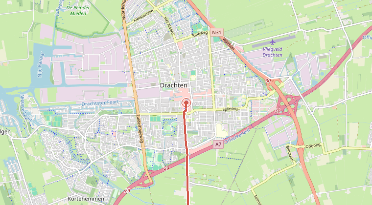 Kaart van de omgeving van de melding, met de kazerne die is gealarmeerd