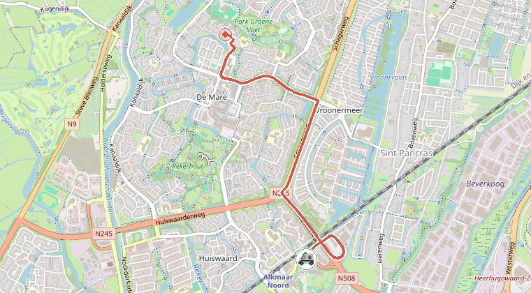 Kaart van de omgeving van de melding, met de kazerne die is gealarmeerd