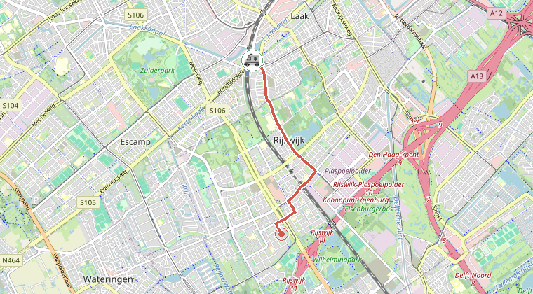 Kaart van de omgeving van de melding, met de kazerne die is gealarmeerd