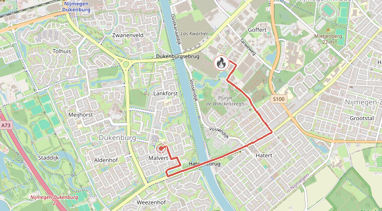 Kaart van de omgeving van de melding, met de kazerne die is gealarmeerd