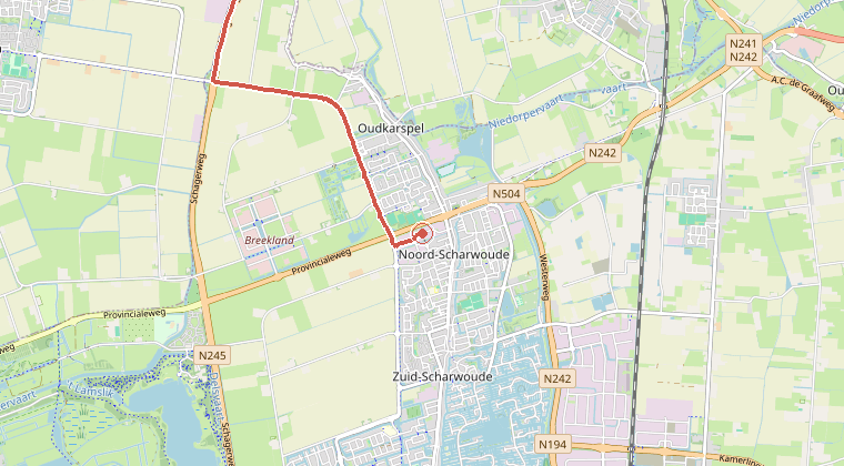Kaart van de omgeving van de melding, met de kazerne die is gealarmeerd