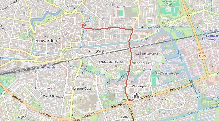 Kaart van de omgeving van de melding, met de kazerne die is gealarmeerd
