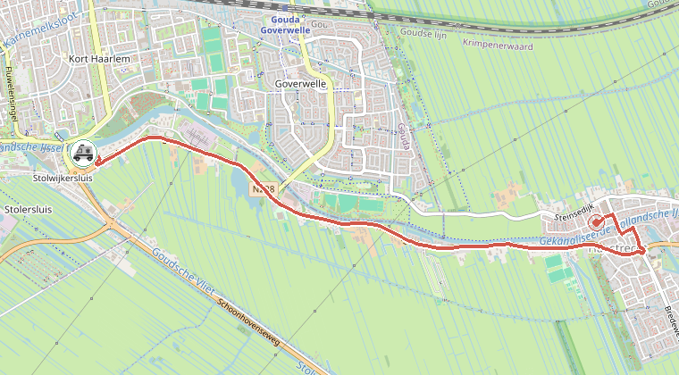 Kaart van de omgeving van de melding, met de kazerne die is gealarmeerd