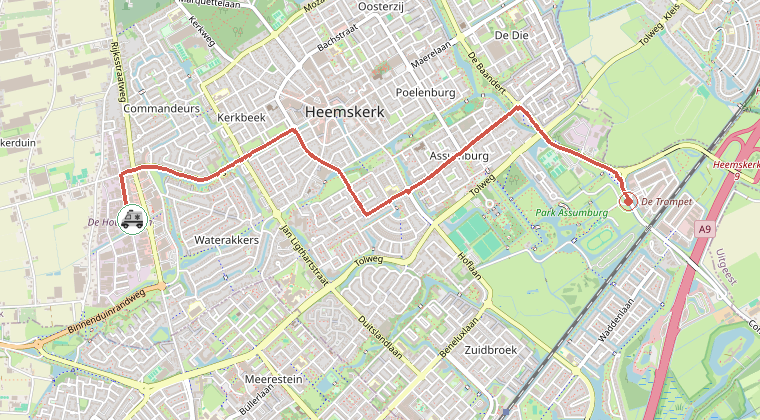 Kaart van de omgeving van de melding, met de kazerne die is gealarmeerd