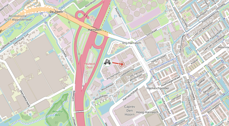 Kaart van de omgeving van de melding, met de kazerne die is gealarmeerd
