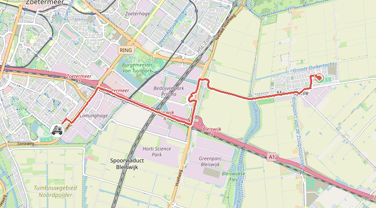 Kaart van de omgeving van de melding, met de kazerne die is gealarmeerd