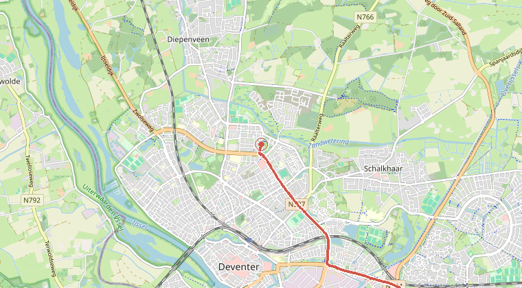 Kaart van de omgeving van de melding, met de kazerne die is gealarmeerd