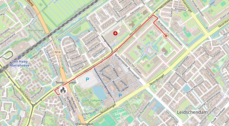 Kaart van de omgeving van de melding, met de kazerne die is gealarmeerd