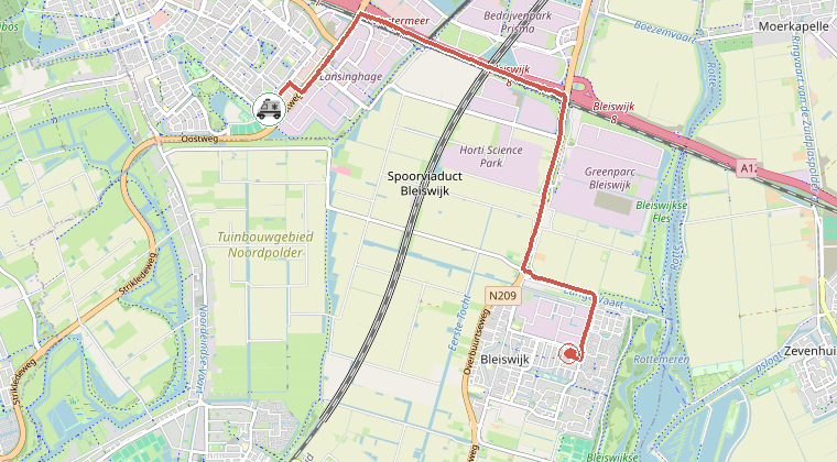 Kaart van de omgeving van de melding, met de kazerne die is gealarmeerd