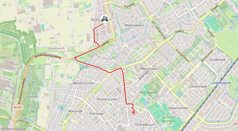 Kaart van de omgeving van de melding, met de kazerne die is gealarmeerd