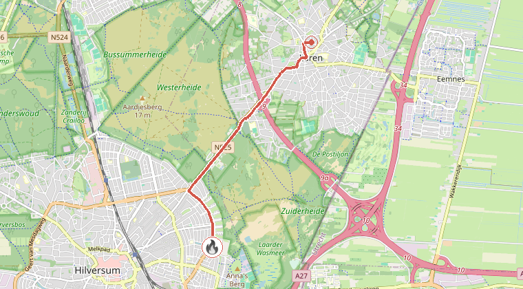 Kaart van de omgeving van de melding, met de kazerne die is gealarmeerd