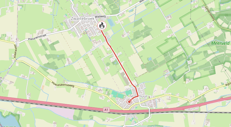 Kaart van de omgeving van de melding, met de kazerne die is gealarmeerd