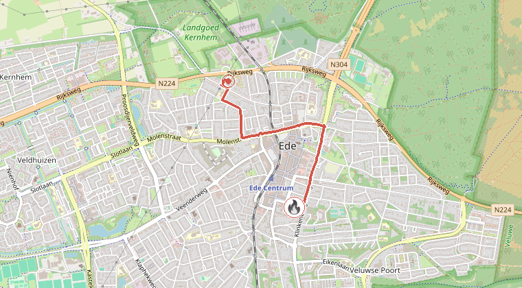 Kaart van de omgeving van de melding, met de kazerne die is gealarmeerd