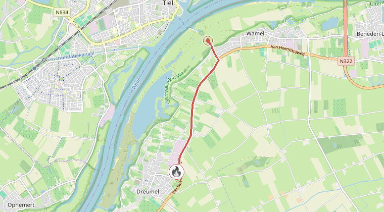 Kaart van de omgeving van de melding, met de kazerne die is gealarmeerd
