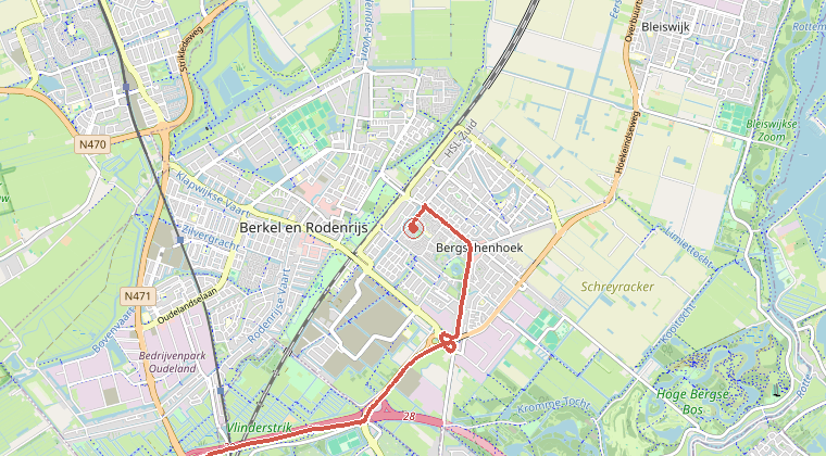 Kaart van de omgeving van de melding, met de kazerne die is gealarmeerd