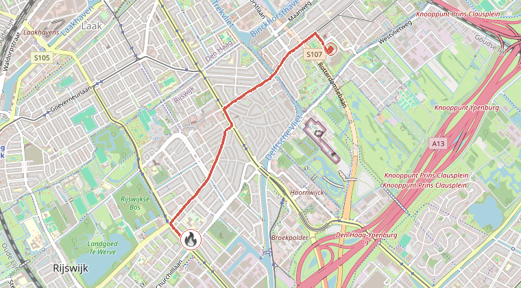 Kaart van de omgeving van de melding, met de kazerne die is gealarmeerd