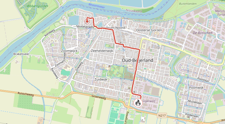 Kaart van de omgeving van de melding, met de kazerne die is gealarmeerd