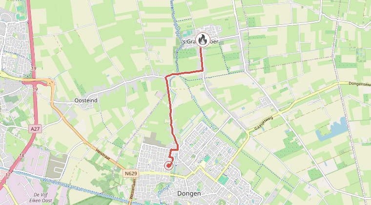 Kaart van de omgeving van de melding, met de kazerne die is gealarmeerd