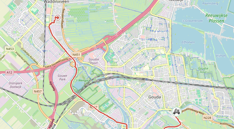 Kaart van de omgeving van de melding, met de kazerne die is gealarmeerd