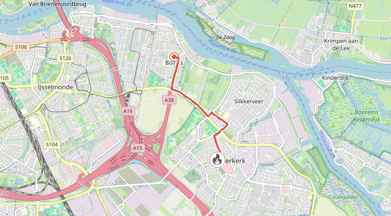 Kaart van de omgeving van de melding, met de kazerne die is gealarmeerd