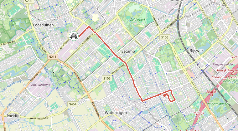 Kaart van de omgeving van de melding, met de kazerne die is gealarmeerd