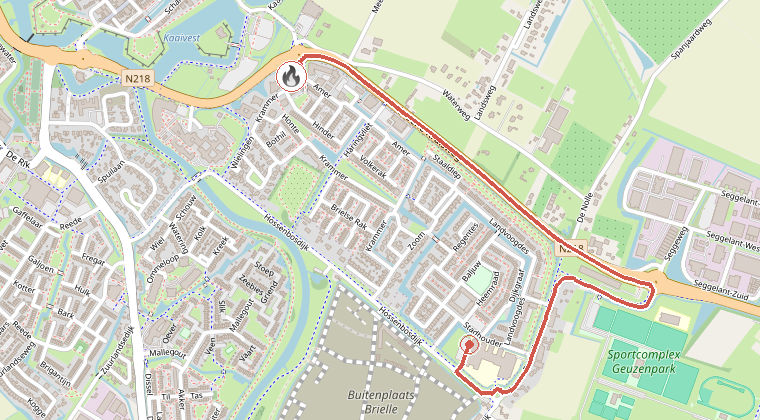 Kaart van de omgeving van de melding, met de kazerne die is gealarmeerd