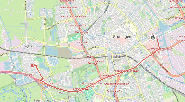Kaart van de omgeving van de melding, met de kazerne die is gealarmeerd