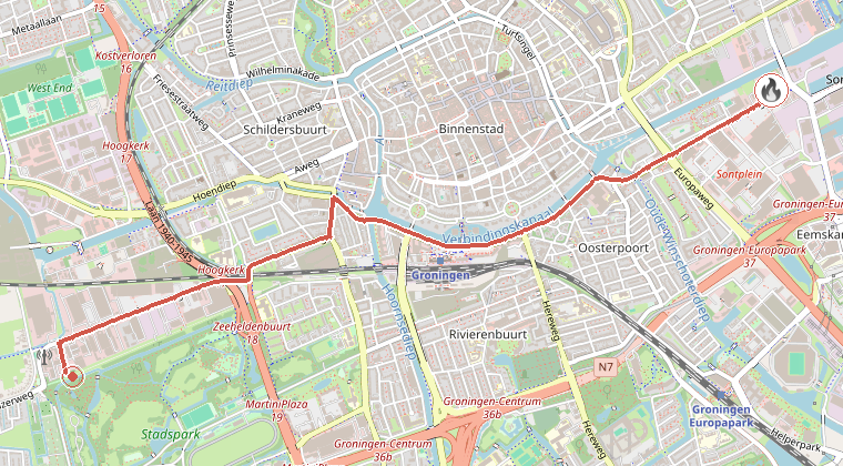 Kaart van de omgeving van de melding, met de kazerne die is gealarmeerd