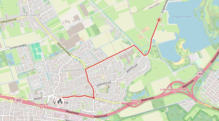 Kaart van de omgeving van de melding, met de kazerne die is gealarmeerd