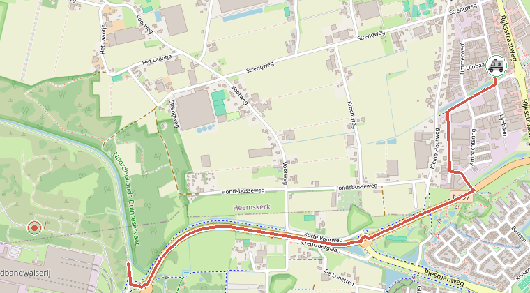 Kaart van de omgeving van de melding, met de kazerne die is gealarmeerd