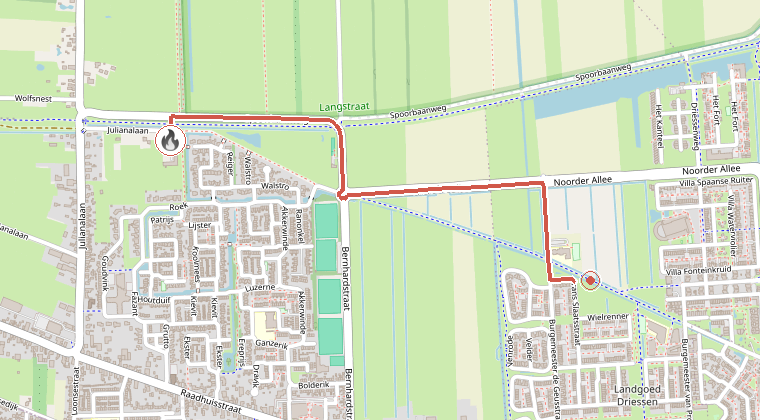 Kaart van de omgeving van de melding, met de kazerne die is gealarmeerd