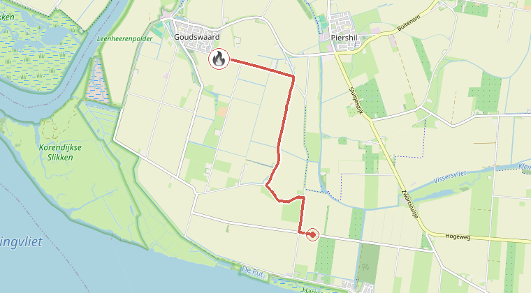Kaart van de omgeving van de melding, met de kazerne die is gealarmeerd