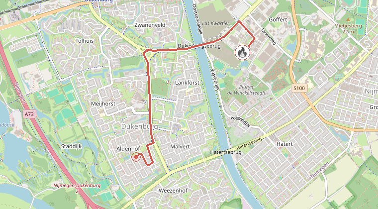 Kaart van de omgeving van de melding, met de kazerne die is gealarmeerd